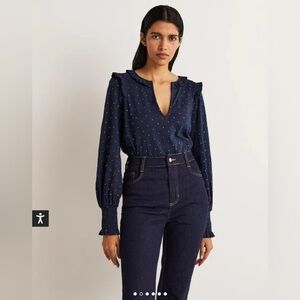 NWT Boden Notch Neck Smocked Frill Top in navy, foil dot